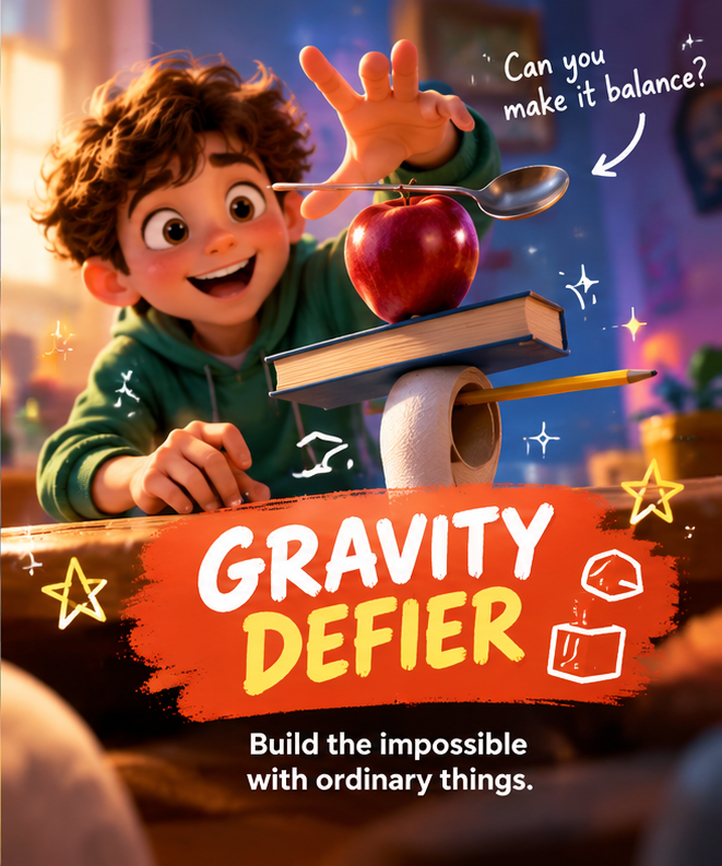 A child carefully balances light household objects in a surprising stack.