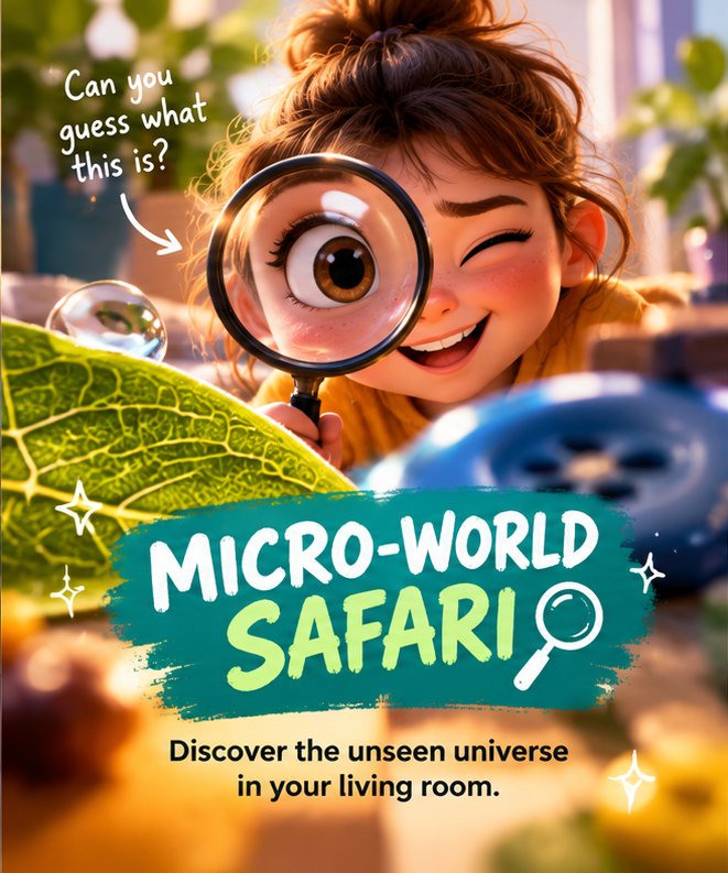 A child looks through a magnifying glass at the detailed veins of a green leaf.