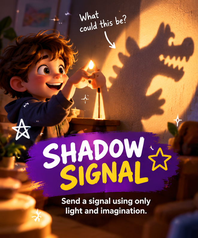A child uses a small light to cast a playful creature-shaped shadow on a wall.